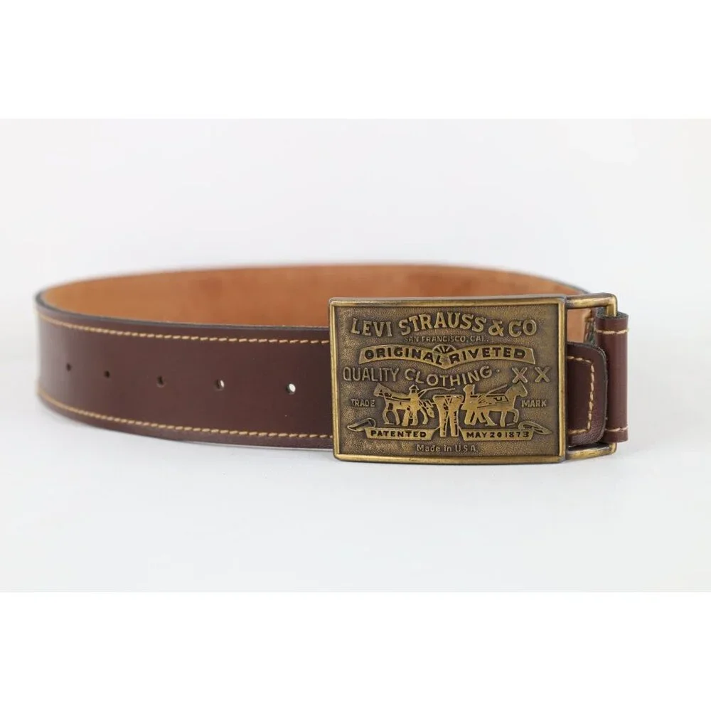 Vtg 70s 80s Levis Brass Buckle Leather Belt Waist Pants Belt Brown Boys 24 USA